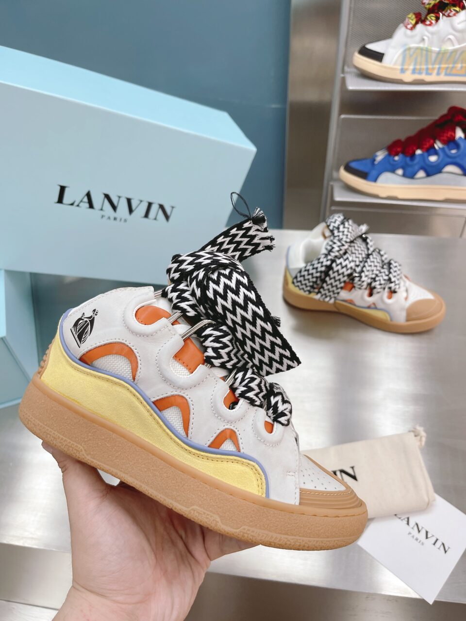 LANVIN Leather Curb Sneakers White/Orange