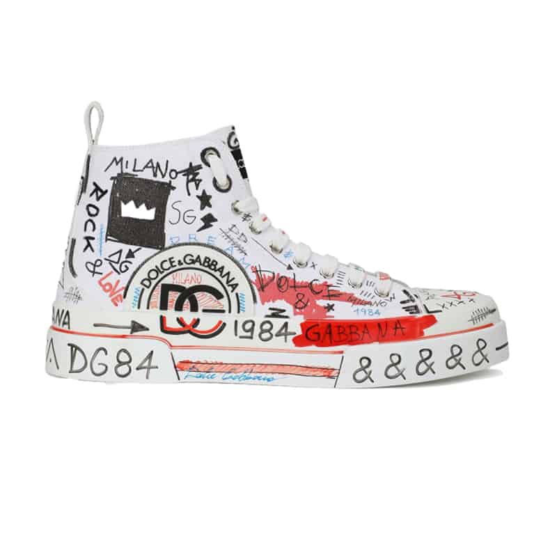 DOLCE AND GABBANA HAND-PAINTED GRAFFITI CANVAS PORTOFINO LIGHT MID-TOP SNEAKERS