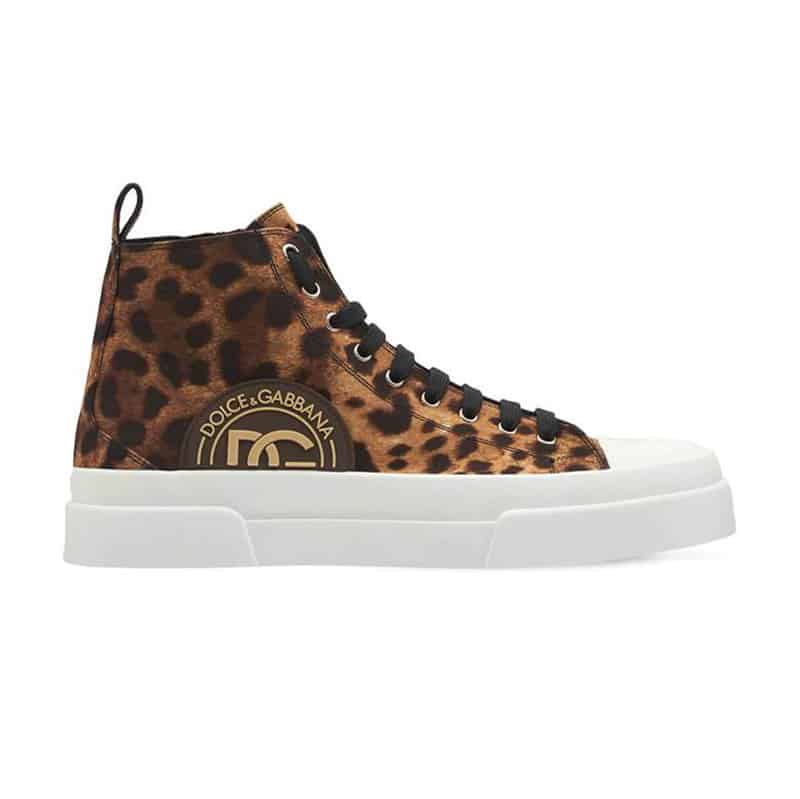 DOLCE AND GABBANA COTTON DRILL PORTOFINO LIGHT MID-TOP SNEAKERS WITH LEOPARD PRINT