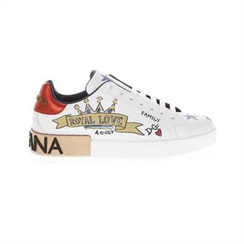 DOLCE AND GABBANA LEATHER ROYAL LOVE PRINT SNEAKERS IN WHITE