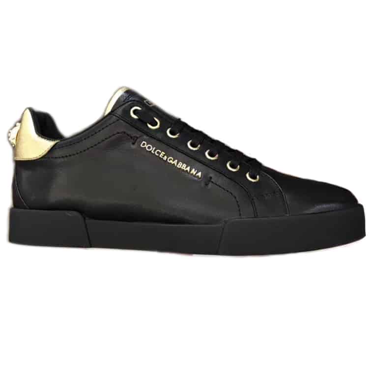 DOLCE & GABBANA SNEAKERS PORTFINO IN WHITE LEATHER WITH PERLA LOGATA