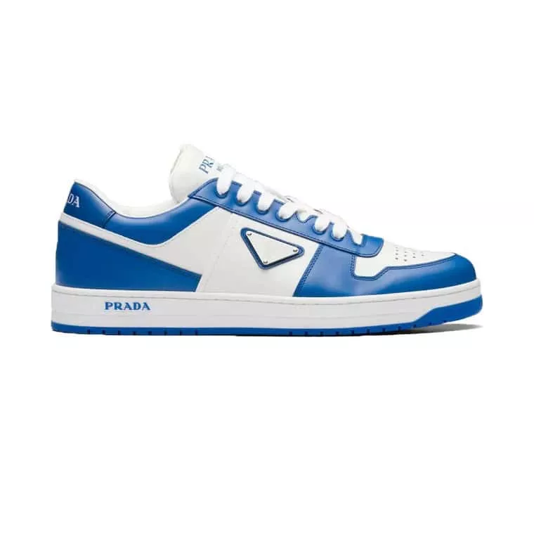PRADA DOWNTOWN LEATHER SNEAKERS IN WHITE AND LACQUER BLUE