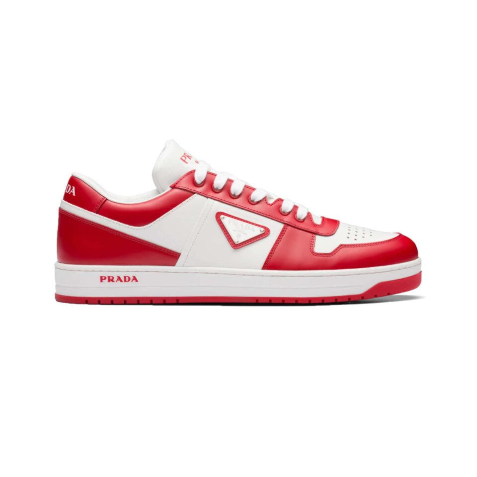 PRADA DOWNTOWN LEATHER SNEAKERS IN WHITE AND LACQUER RED
