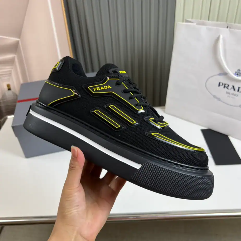 PRADA MACRO RE-NYLON AND BRUSHED LEATHER SNEAKERS