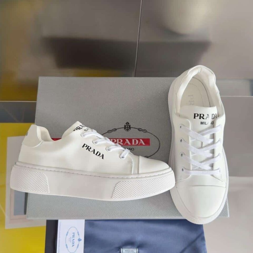 PRADA MACRO RE-NYLON AND BRUSHED LEATHER SNEAKERS