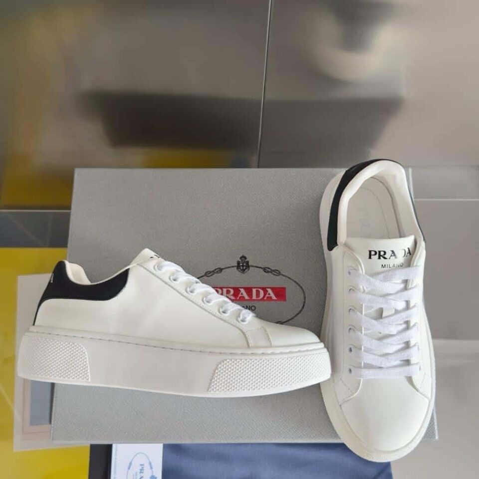 PRADA MACRO RE-NYLON AND BRUSHED LEATHER SNEAKERS